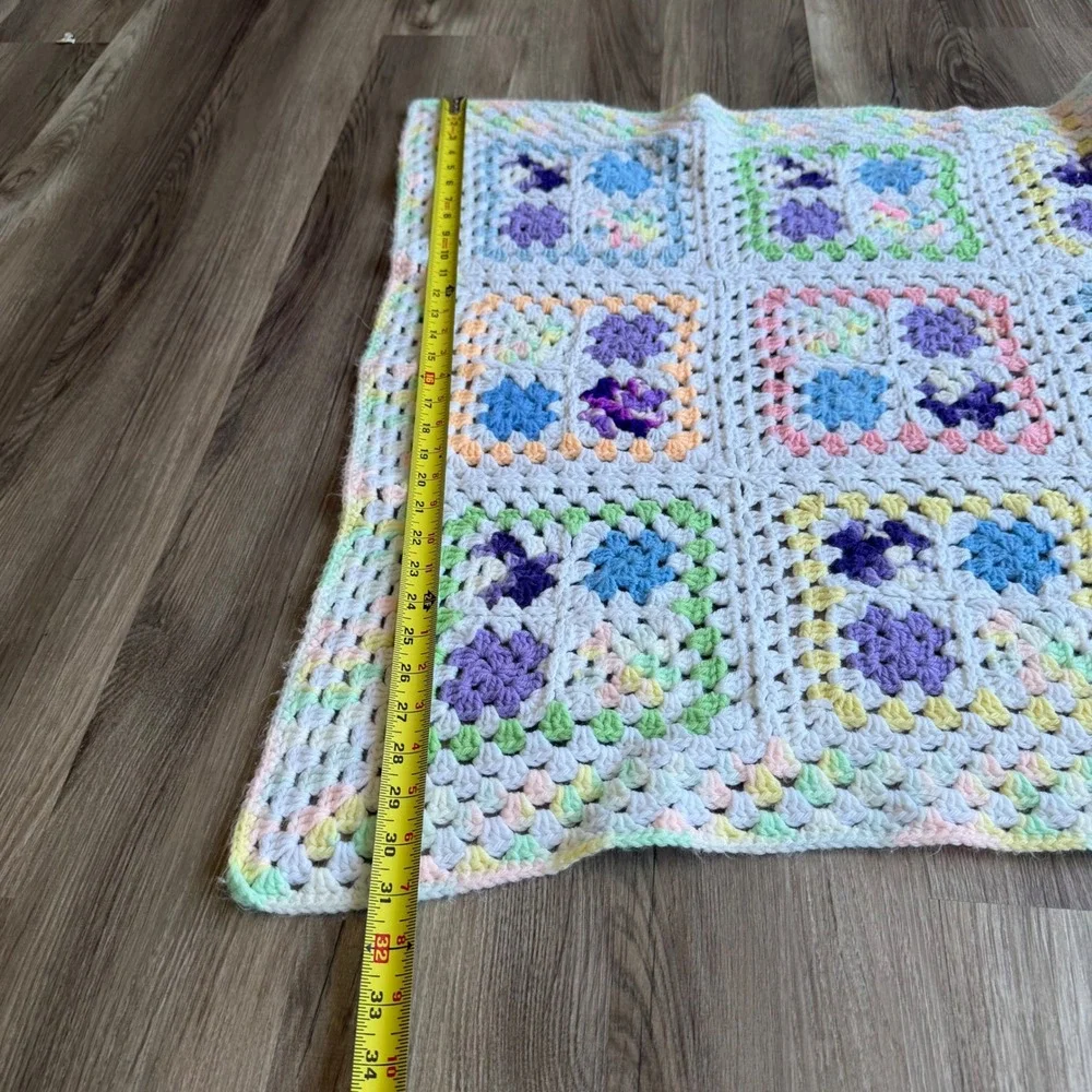 Handmade Crochet Granny Square Pastel Baby Blanket Vintage Patchwork Throw 33x42